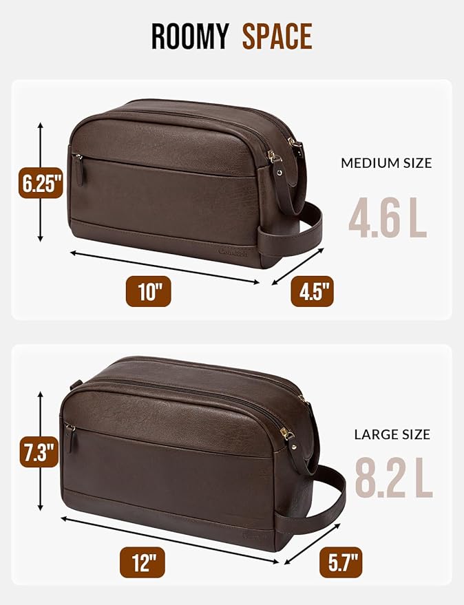 Large PU Leather Toiletry Bag for Men - Water Resistant Travel Bag for Toiletries, Bathroom Essentials, Accessories - Dark Brown