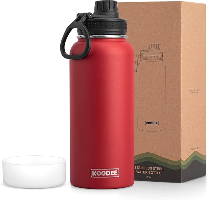 koodee Insulated Water Bottle, 32oz Stainless Steel Double Wall Vacuum Wide Mouth Sport Bottle with Leakproof Spout Lid (Canyon Red)