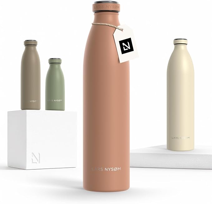 LARS NYSØM Stainless Steel Insulated Water Bottle 12 oz 17 oz 25 oz 34 oz 51 oz | Insulated Thermo Flask for Hot and Cold Beverages | Leakproof Drinking Bottle (Blush Rose, 33.8 oz)