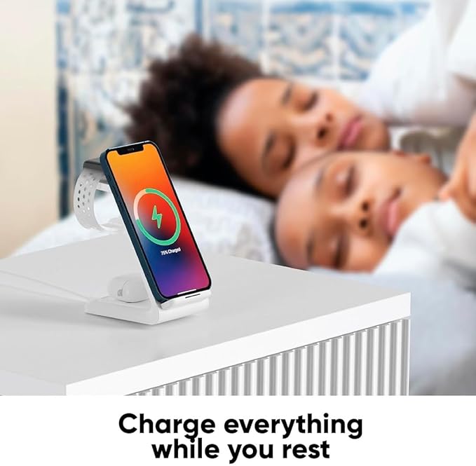 3-in-1 Magnetic Wireless Charger – Fast Charging Dock for iPhone, Apple Watch & AirPods – Foldable Stand with USB-C Cable (White)