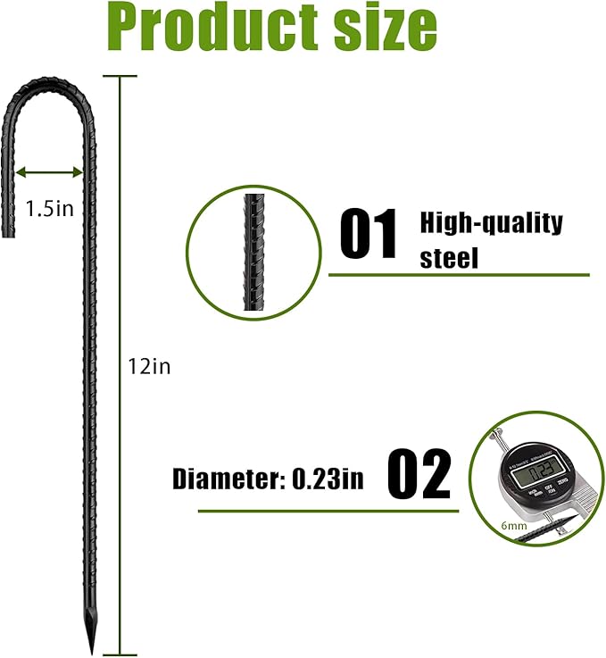 Rebar-Stakes-12Inch,J Hooks Ground Stakes Anchors for Gardening Black Coated Ground Stakes 20pcs Anti-Rust Heavy Duty Dog Fence Fixed Water Pipes Soccer Goals Tent Camping Trampoline