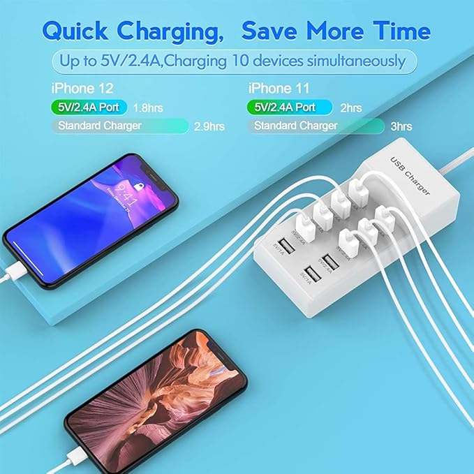 10-Port USB Wall Charger Station with Rapid Charging Auto Detect Technology Safety Guaranteed Family-Sized USB Ports for Multiple Devices Smart Phone Tablet Laptop Computer