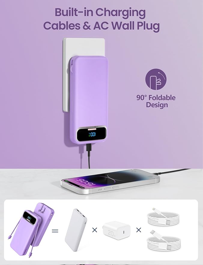 12000mAh Lightweight-Portable-Charger-Power-Bank with Built-in Cables and AC Wall Plug, PD20W USB-C Fast Charging Battery Pack, LED Display External Travel Phone Charger for All iPhone,Samsung,Android