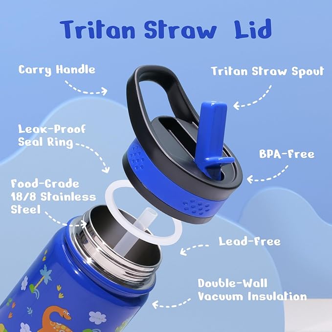 2 Pack Insulated Kids Water Bottle, BUZIO 14oz Stainless Steel Water Bottles with Tritan Straw Lid, BPA-FREE Lead-Free Double Wall Leak Proof Drink Cups Flask for School (Blue Car +Blue Dinosaur)