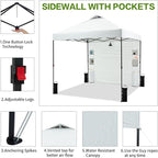 8'x8' Pop Up Canopy Tent with 1 Sidewall and 6 Pockets, One Push Setup, Instant Shade Tent with Vented Roof for Beach Patio Outdoor, Case, 8 Stakes, 4 Ropes, 4 Sandbags (White, 8x8)