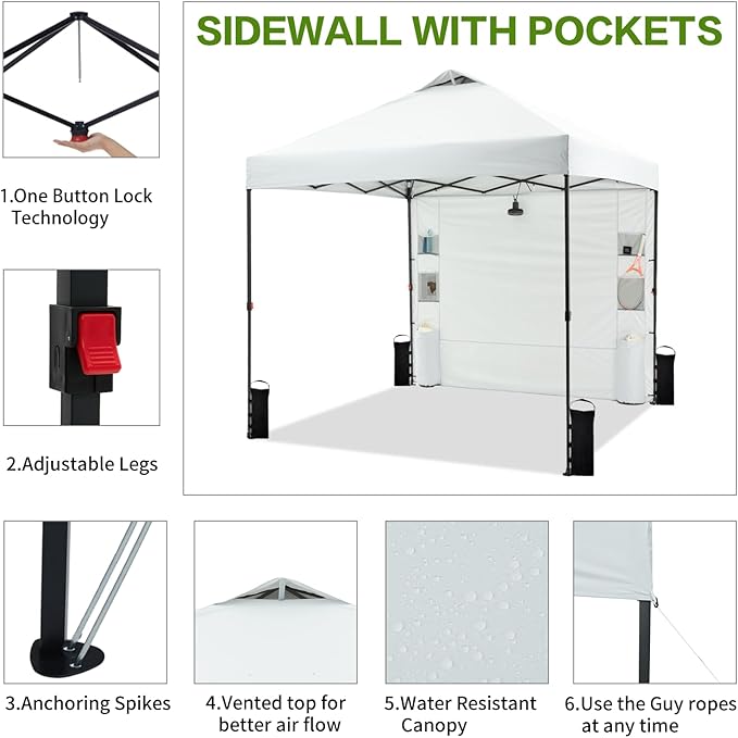 8'x8' Pop Up Canopy Tent with 1 Sidewall and 6 Pockets, One Push Setup, Instant Shade Tent with Vented Roof for Beach Patio Outdoor, Case, 8 Stakes, 4 Ropes, 4 Sandbags (White, 8x8)