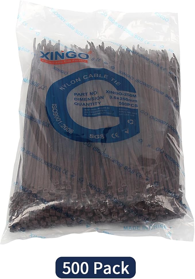 XINGO 10 Inch Cable Zip Ties (500 Pack), 40 Lbs Tensile Strength-Heavy Duty, Self-Locking Nylon Plastic Nylon Wire Ties for indoor and outdoor use(Brown)