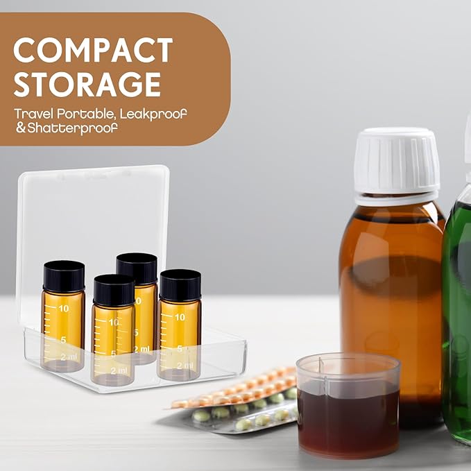 Baderke 4 Pcs Liquid Medicine Travel Container Scale Glass Liquid Containers Small Single Dose Medicine Bottles Dispenser and Leak-proof Plug Travel Essentials Accessories(Brown,10ml)
