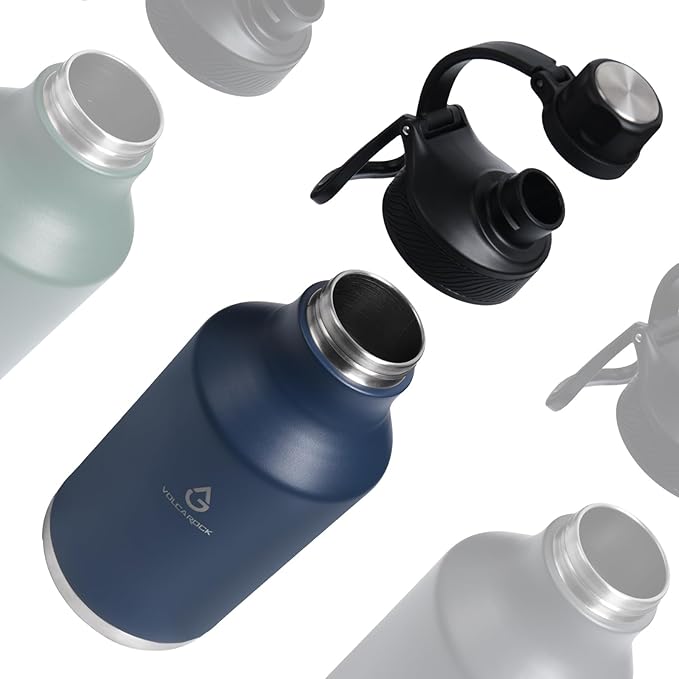 Insulated Water Bottle with Straw Lid Dustproof, 64 Oz Double Wall Stainless Steel Water Bottle for Hot and Cold Beverages, Leafproof BPA Free and Dishwasher Safe-64 Oz Navy Blue