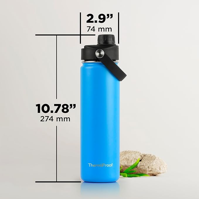 ThermoProof Double-Walled Vacuum Insulated Stainless Steel Water Bottle - Wide Mouth with Chug & Spout Lids, Dishwasher Safe, Reusable, Leakproof, Hot & Cold for Men, Women & Kids - 22oz, Light Blue