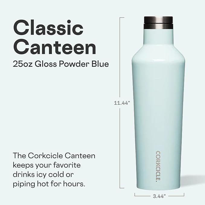 Corkcicle Classic Canteen Insulated Water Bottle - Stainless Steel Reusable Tumbler - Triple Insulated - Keeps Drinks Cold 25 Hours or Hot 12 Hours - Cupholder Friendly - Gloss Powder Blue - 25 oz