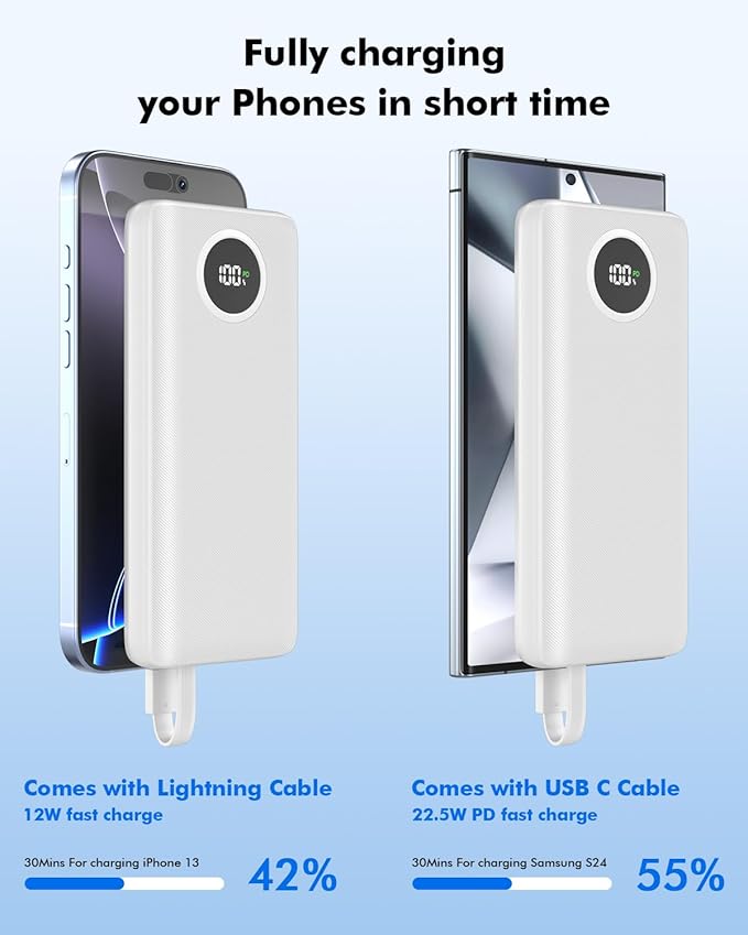 Portable Charger 10000mAh 22.5W PD/QC3.0 Fast Charging Power Bank with Built-in Lightning and Type-C Cables 5V-4.5A Slim for iPhone 16/15/14/13,Samsung,iPad,Tablets,Google Pixel,AirPods and More
