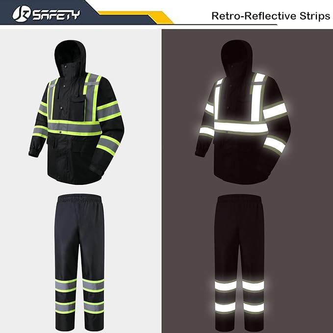 JKSafety Hi-Vis Reflective Safety Rain Jacket and Pants for Men Women Waterproof Rain Gears for Farming Fishing Work HV Rain Suit with Inner Mesh Lining and Pockets (117-Black L)