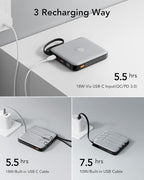 VRURC 20000mAh Portable Phone Charger with 4 Built-in Cables, Power Bank Fast Charging 22.5W USB C Battery Pack, for iPhone 16 15 14 13 12 11 x Samsung Galaxy Series etc, Gray(1 Pack)