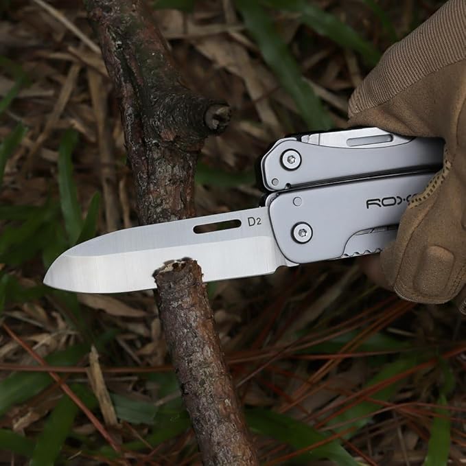 ROXON S803E Elite Flash Multitool with 20 functions including strong pliers, Flint Rod, full-size lockable blades for Outdoor Essential Survival Tool (D2 Blade)