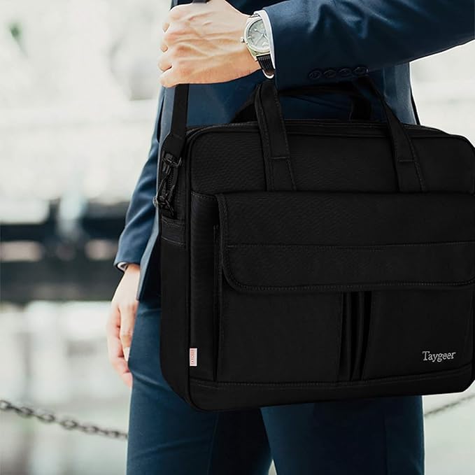Taygeer Laptop Bag 15.6 Inch, Business Briefcase Gifts for Men Women, Water Resistant Messenger Shoulder Bag with Strap, Premium Office Bag, Carry On Laptop Case for Notebook/Computer/Laptop, Black