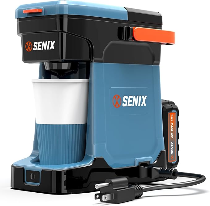 SENIX Coffee Maker Single Serve, Portable, 2-in-1 20V 5.0 Ah Battery, Charger & Power Cord, Compatible with K-Cups, Ground, Pods, 8oz Brew Size - for Travel, Camping, To-Go, Job Site, Home (CMX2-M4)