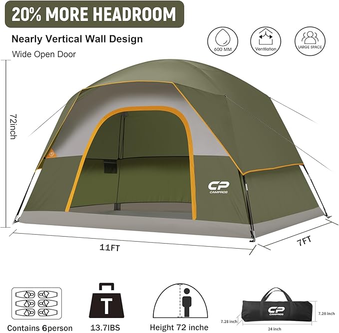 CAMPROS CP Tents for Camping 6 Person Tent Waterproof Windproof Double Layer Family Camping Tent, Easy Setup Dome Tent with Large Mesh Windows & Wider Door for Outdoor Camping & Hiking