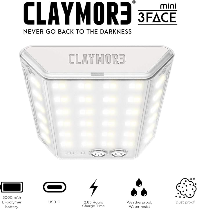CLAYMORE 3Face Mini (Light Gray) - Lightweight and Portable LED Area Light for Outdoors, Camping, Tent, Emergency, and Industrial Use. Rechargeable Lantern with USB-C, Up to 60 Hours Battery Life.