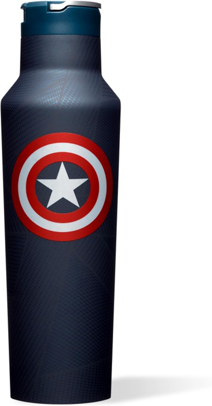 Corkcicle Marvel Sport Canteen - Triple-Insulated Stainless Steel Water Bottle - Straw Cap & Folding Metal Handle - Summer Drinkware Gift - Keeps Drinks Ice Cold - Captain America - 20 oz