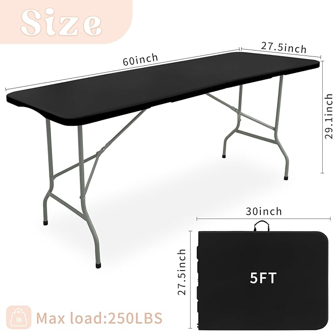 Folding Table 5FT Camping Table Portable Heavy Duty Plastic Rectangular Outdoor Dining Table Steel Legs Fold-in-Half with Carrying Handle for Indoor,Picnic,Party,Wedding,Events(Black)