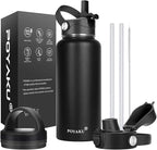 Water Bottle Insulated 32oz 40oz 64oz 128oz Straw Lid Spout Lid & 3 Lids, Leak Proof, Vacuum Insulated,Stainless Steel Water Bottle Wide Mouth for Sports, Gym or Office