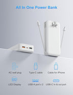 Portable Charger with Wall Plug, 20000mAh USB C Power Bank Fast Charging, External Battery Pack with Built in Cables, Digital Display, 5 Output 2 Input for iPhone Android Cell Phone Tablet