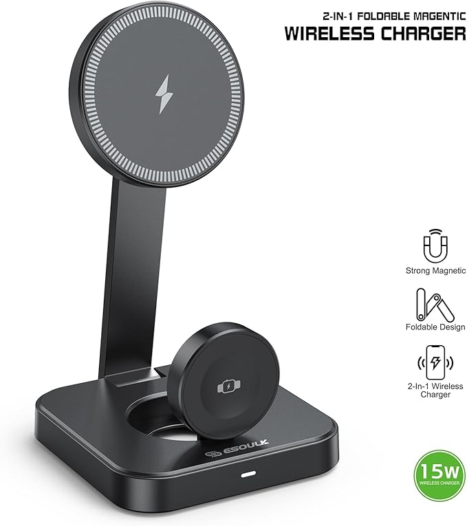 Esoulk 2 in 1 Wireless Charger for iPhone & Watch, 15W Fast Charging for Phone & 5W for Watch, Magnetic Wireless Charger Stand, Compact Foldable Charging Station for Travel