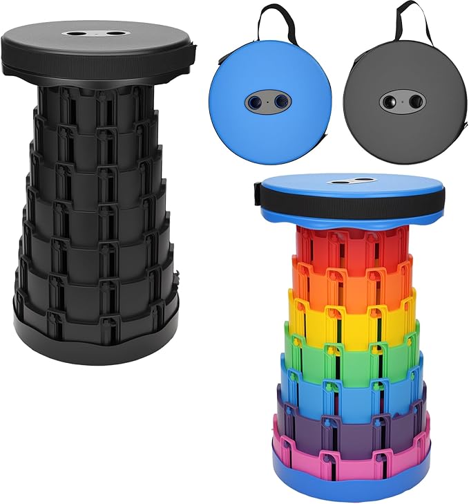 Upgraded Collapsible Stool - Adjustable Height (2.3"-17.3") -Second Fold, Portable Heavy Duty Folding Stool for Adults, 600lb Capacity - Compact to-Go Camping, Fishing, Outdoor Seat (Black+Color)