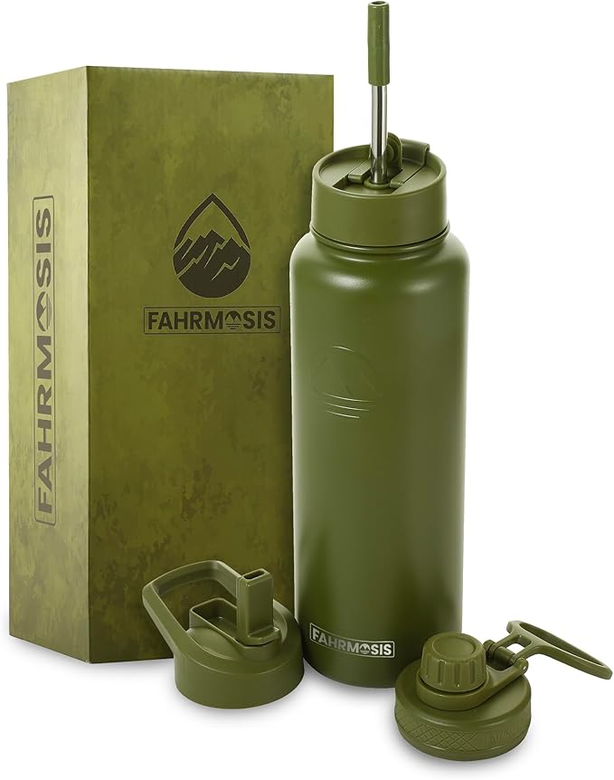 40 Oz Water Bottle with Straw Stainless Steel Sports Water Bottle with 3 Lids (Straw, Chug and Flip Lid) Insulated Leak Proof Metal Jug for Men & Women - Army Green