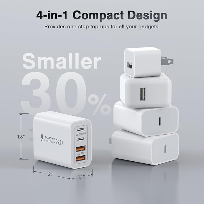 [2-Pack] 40W USB C Charger Block, 4-Port Type C Fast Charging Brick Dual PD&QC Wall Plug Adapter Power Brick for iPhone 13/14/15/16/17/Pro Max/Plus/iPad/Airpods/iwatch/Samsung Galaxy