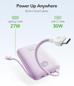 Portable Charger 20000mAh 30W Fast Charging, Power Bank with Built-in Cables & LED Display, USB C Battery Pack for iPhone 16/15/14, Samsung, iPad and Android Phones, Ideal for Travel -Purple