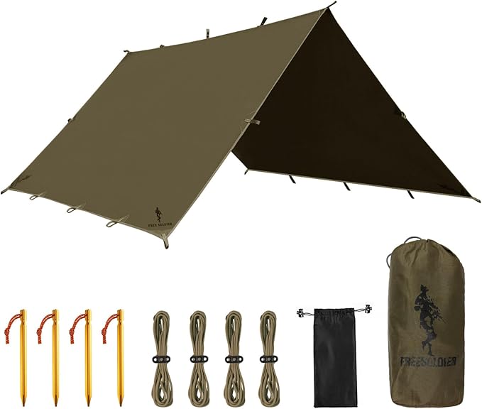 FREE SOLDIER Camping Tarp Waterproof Portable Multifunctional Outdoor Traveling Awning Backpacking Shelter Rain Tarp (Olive-Green 10×10.5ft)