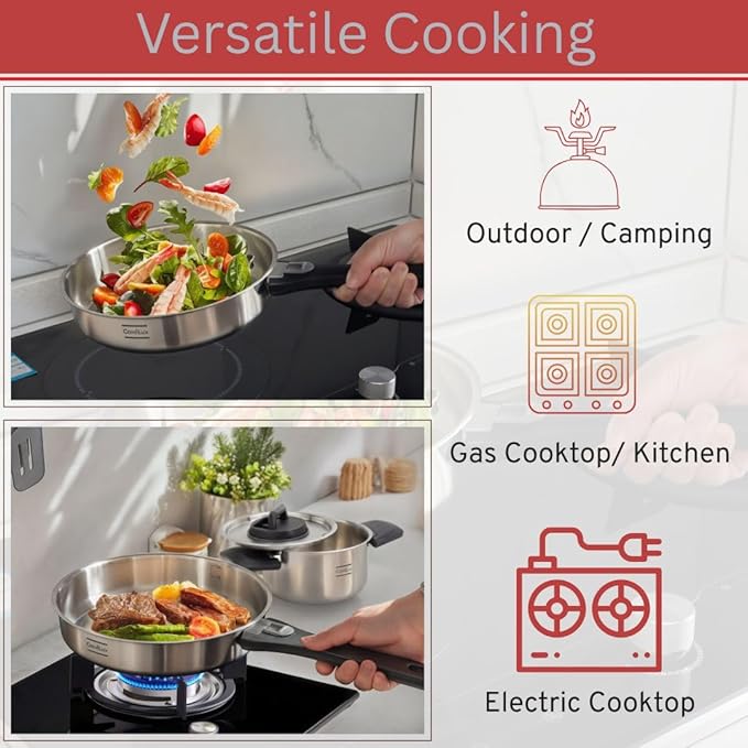 Stainless Steel Camping Kitchen Cookware - Frying Pan with Detachable Handle - Nesting Pots for Backpacking, Camp, and RV Cooking - 6 Piece Including 1.5L Frypan, 1.5L Small Pot & 3.5L Medium Pot