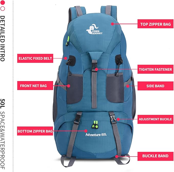 Bseash 50L Hiking Backpack, Water Resistant Lightweight Outdoor Sport Daypack Travel Bag for Camping Climbing Skiing Cycling (Blue Green - With Shoe Compartment)