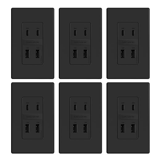 ELEGRP 42W Fast Charge & Power Delivery 4-Port USB Charger, Wall Outlet with 4 USB Ports, UL/CUL Listed, Wall Plate Included, 6 Pack, Matte Black