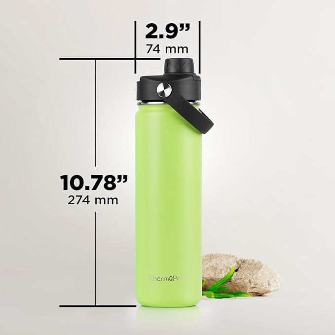 ThermoProof Double-Walled Vacuum Insulated Stainless Steel Water Bottle - Wide Mouth with Chug & Spout Lids, Dishwasher Safe, Reusable, Leakproof, Hot & Cold for Men, Women & Kids - 22oz, Fresh Mint