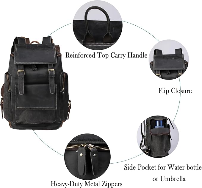 Genuine Crazy Horse Leather Backpack - Vintage Bag with Anti-Theft Design, Fits 16 Inch Laptop(5098-Gray)