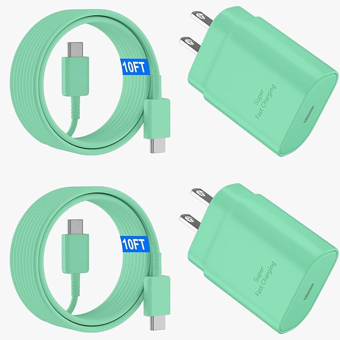 USB C Android Charger Fast Charging Cord, Super Fast Phone Chargers 10FT C to C Type Cable with 25W USBC Wall Block for Samsung Galaxy S26 S25 S24 Ultra Plus/S23/S22/S21/S20/Note 20/10, Green
