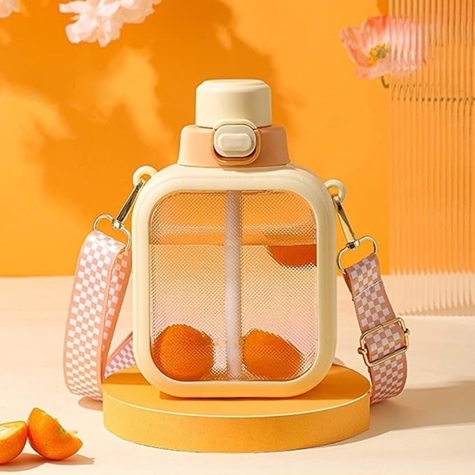 Kawaii Water Bottles with Strap and Straw 24 Oz Square Water Bottle Cute Flat Travel Canteen Leak-proof Water Bottles for Girls Sports School (Yellow, L)