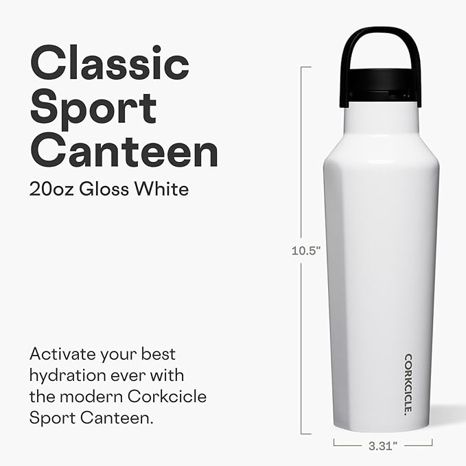 Corkcicle Sport Canteen - Keeps Drinks Cold 25 Hours - Stainless Steel Water Bottle - Triple-Insulated - Spill-Proof - Summer Drinkware Gift - Keeps Drinks Ice Cold - 20 oz - Gloss White