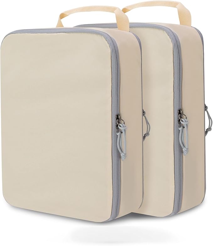 Large Compression Packing Cubes for Travel, 2 Set Compression Bags Travel Cubes for Packing Suitcase Luggage Organizer, Beige