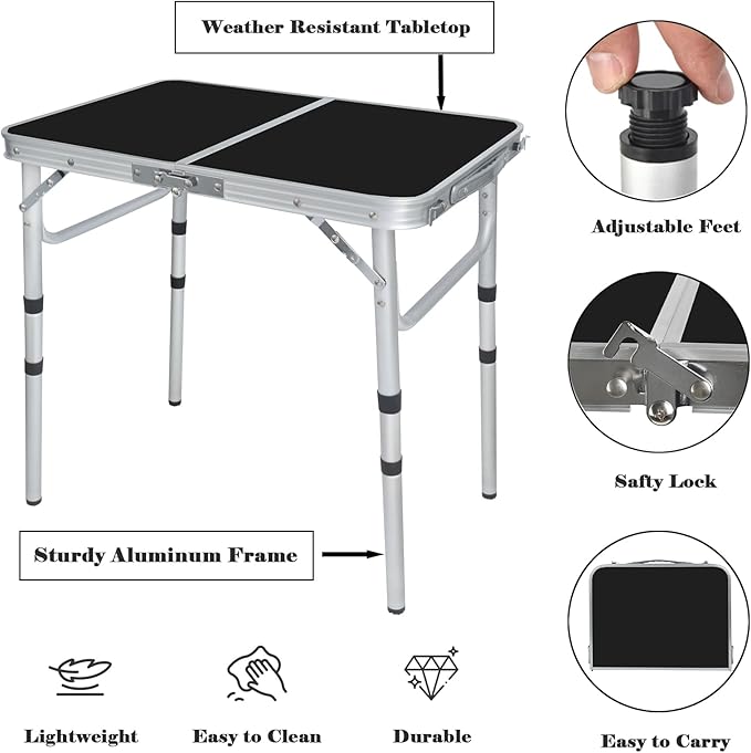 Portable Camping Table, Adjustable Height Aluminum Folding Table, Lightweight & Compact, Outdoor Picnic Table for Camping, Hiking, Beach, BBQ, Travel