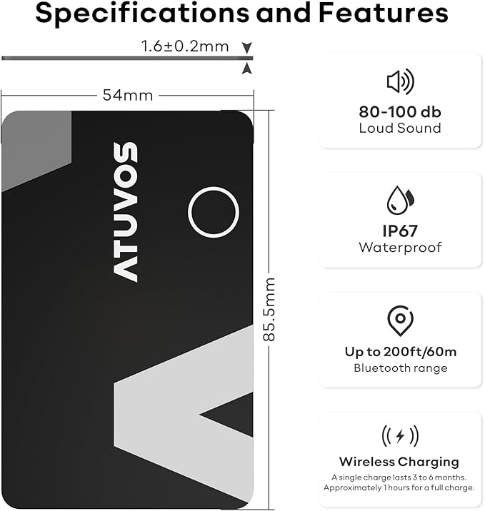 ATUVOS Rechargeable Wallet Tracker Card, Slim 1.6mm Smart Air Tag Card Works with Apple Find My (iOS Only), Bleuooth Item Locator for Purse/Luggage/Bags/Passpoart, IP67 Waterproof, Wireless Charging