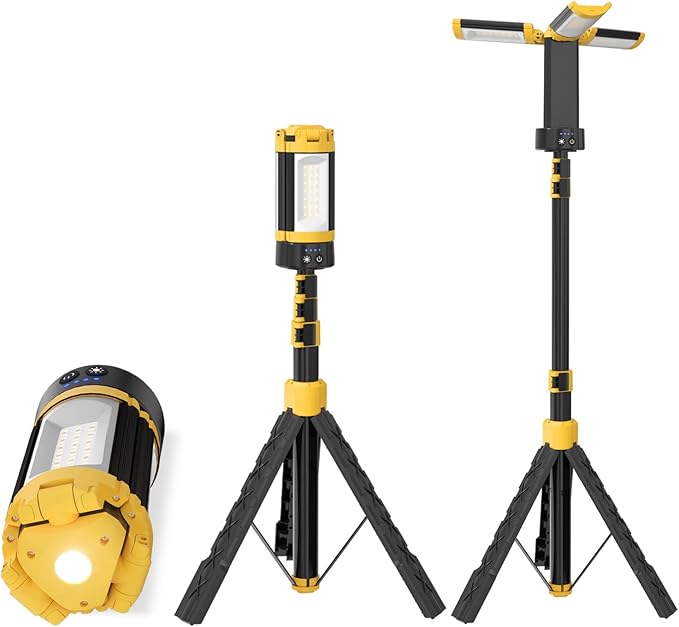 LHOTSE Rechargeable Camping Light with Stand, 83" Tall Portable 3000 Lumens Cordless Work Light with 3 LED Lamps Head & Detachable Tripod, 9AH Battery LED Work Light Dimmable with Travel Bag