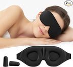 Luxury Sleep Mask – Pack of 2 Ultra-Soft Silk Eye Covers with Adjustable Strap & Soft Ear Loops, 3D Contoured Light Blocking Sleeping Mask for Travel, Naps & Relaxation(Black & Black)
