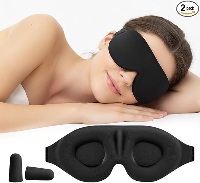 Luxury Sleep Mask – Pack of 2 Ultra-Soft Silk Eye Covers with Adjustable Strap & Soft Ear Loops, 3D Contoured Light Blocking Sleeping Mask for Travel, Naps & Relaxation(Black & Black)