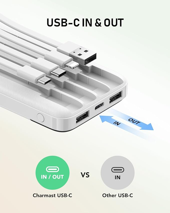 charmast Portable Charger with Built in Cables, 10000mAh Slim Power Bank, 15W USB C in&Out Port High Speed Charging External Charger, Battery Pack Compatible with iPhone 16 15 13 Samsung Google iPad