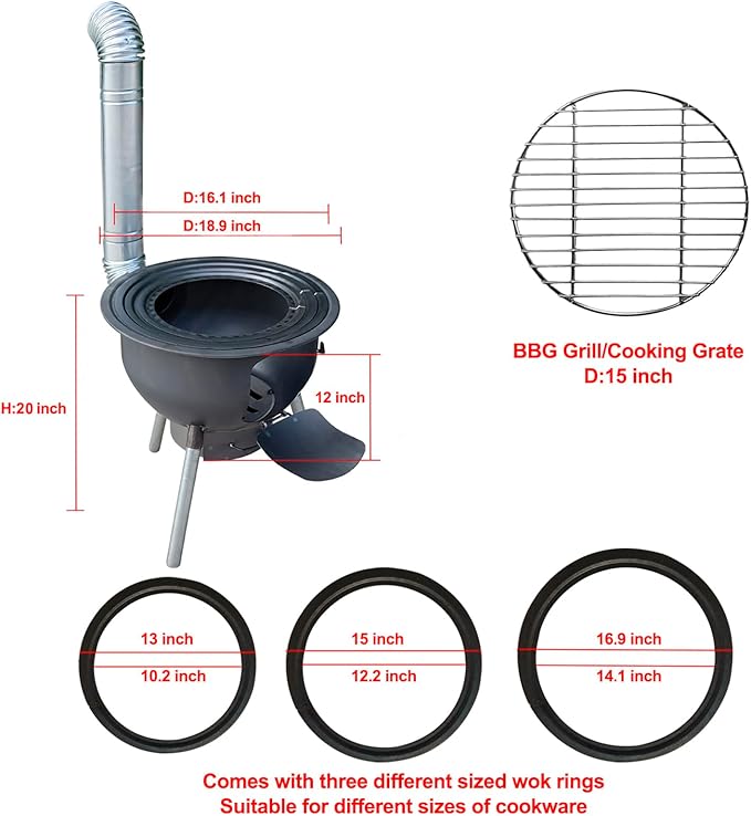 Multifunction Wood Burning Stove with Grill Rack,Large Portable Charcoal Grill,Camping Rocket Stove for Outdoor/Backyard Cooking,Chinese Wood Stove,Off Grid Living Supplies
