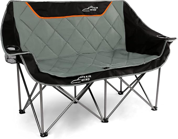 FAIR WIND Oversized Fully Padded Camping Chair Folding Loveseat Camping Couch Double Duo Chair Heavy Duty Quad Fold Arm Chair with Cup Hold - Supports 650 LBS Black